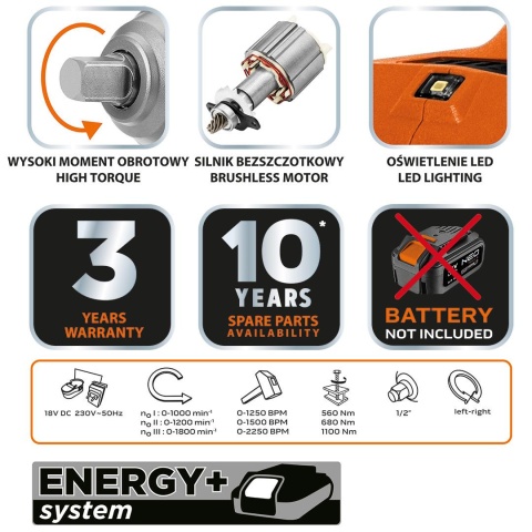 Klucz udarowy bezszcz. 1100Nm Akumulatorowy Energy+