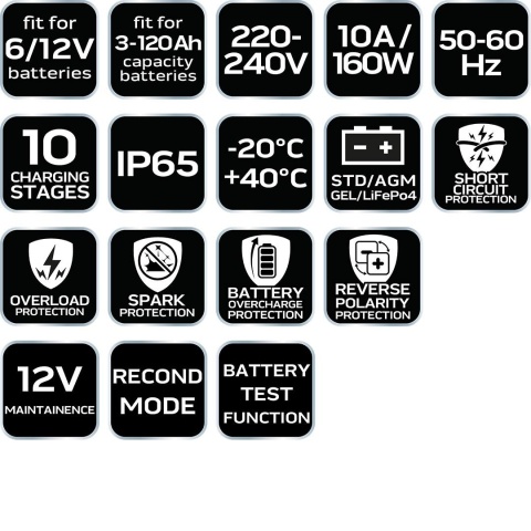 Prostownik automatyczny 10A/160W, 3-200Ah