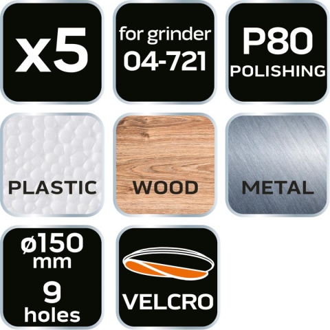 Krążki ścierne 150 mm, P80, 5 szt., z 9 ot