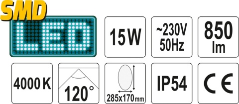 LAMPA ŚCIENNA ZEWNĘTRZNA LED 15W CZARNA OWALNA YT-81842 YATO