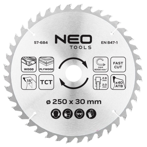 TARCZA DO PILARKI, WIDIOWA 250 x 30 mm, 40 ZĘBÓW 57-684 NEO TOOLS