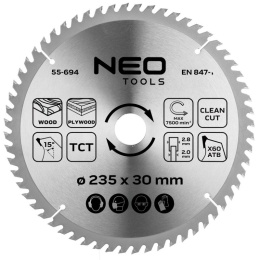 TARCZA DO PILARKI, WIDIOWA 235 x 30 mm, 60 ZĘBÓW 55-694 NEO TOOLS