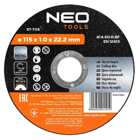 TARCZA TNĄCA DO METALU 115 x 1.0 x 22.2 mm, 41 A60-R-BF 57-705 NEO TOOLS