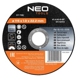 TARCZA TNĄCA DO METALU 115 x 1.0 x 22.2 mm, 41 A60-R-BF, INOX 57-730 NEO TOOLS