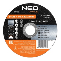 TARCZA TNĄCA DO METALU 125 x 1.0 x 22.2 mm, 41 A60-R-BF, INOX 57-733 NEO TOOLS