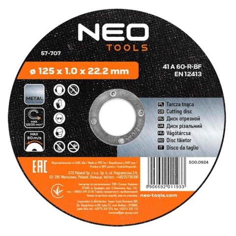 TARCZA TNĄCA DO METALU 125 x 1.0 x 22.2 mm, 41 A60-R-BF 57-707 NEO TOOLS