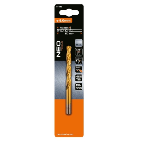 WIERTŁO DO METALU HSS-TiN, 8.0 mm 57-146 NEO TOOLS
