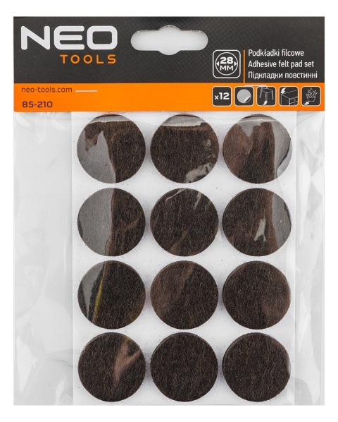 PODKŁADKI FILCOWE OKRĄGŁE SAMOPRZYLEPNE, CIEMNOBRĄZOWE 28 mm, 12 szt. 85-210 NEO TOOLS