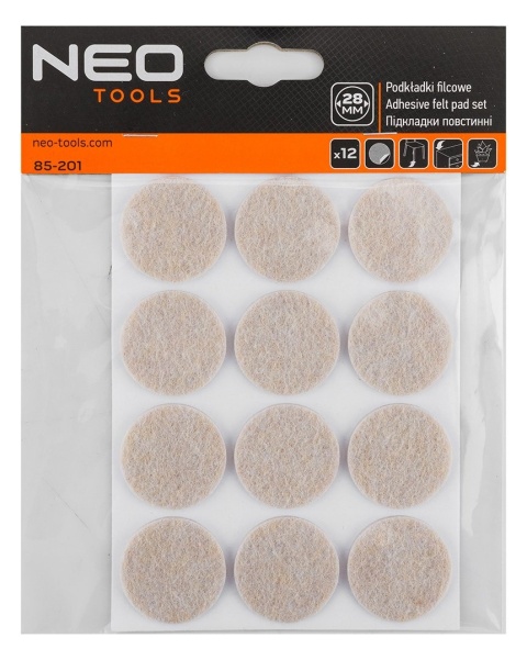 PODKŁADKI FILCOWE OKRĄGŁE SAMOPRZYLEPNE, JASNOBRĄZOWE 28 mm, 12 szt. 85-201 NEO TOOLS