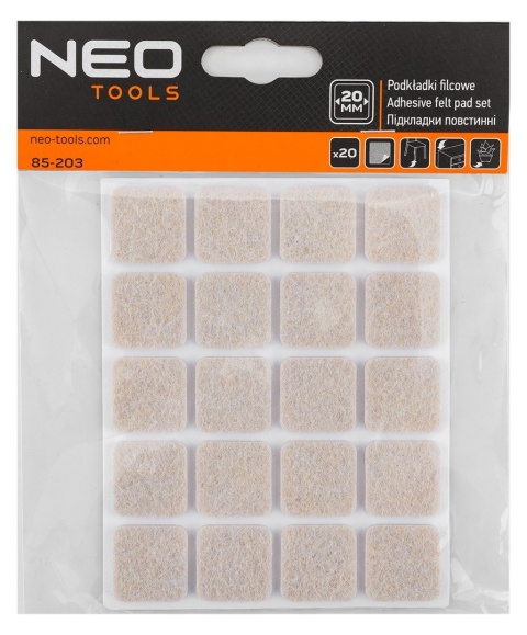 PODKŁADKI FILCOWE SAMOPRZYLEPNE, JASNOBRĄZOWE 20X20 mm, 20 szt. 85-203 NEO TOOLS