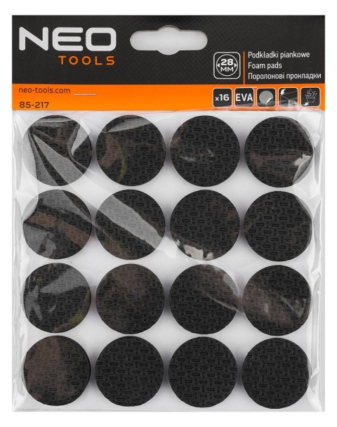 PODKŁADKI Z PIANKI OKRĄGŁE SAMOPRZYLEPNE, CZARNE 28 mm, 16 szt. 85-217 NEO TOOLS