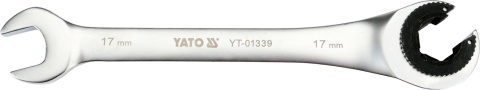 Klucz oczkowy półotwarty z grzechotką 17 mm YATO YT-01339 - satynowe wykończenie, mechanizm zapadkowy 72 zęby, profil AS-DRIVE