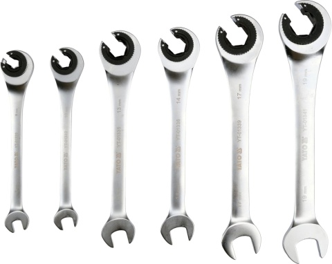 Zestaw kluczy półotwartych z grzechotką YATO YT-01344 - 6 sztuk w rozmiarach 8-19 mm, satynowe wykończenie, mechanizm zapadkowy 72 zęby, profil AS-DRIVE