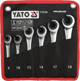 Zestaw kluczy półotwartych z grzechotką YATO YT-01344 w etui - klucze 8, 10, 13, 14, 17, 19 mm, stal CrV, mechanizm zapadkowy 72 zęby
