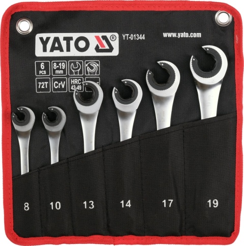 Zestaw kluczy półotwartych z grzechotką YATO YT-01344 w etui - klucze 8, 10, 13, 14, 17, 19 mm, stal CrV, mechanizm zapadkowy 72 zęby
