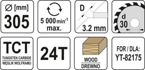 TARCZA WIDIOWA DO DREWNA 305X24TX30MM YT-60782 YATO