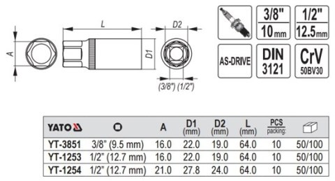 NASADKA DO ŚWIEC 1/2"21MM YT-1254 YATO