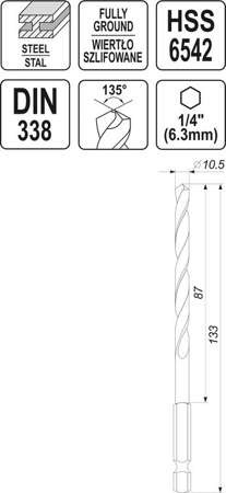 WIERTŁO DO METALU HSS 6542 10,5MM HEX YT-44881 YATO
