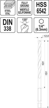 WIERTŁO DO METALU HSS 6542 12,0MM HEX YT-44883 YATO