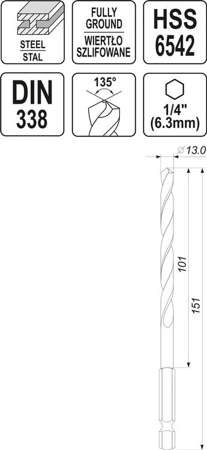 WIERTŁO DO METALU HSS 6542 13,0MM HEX YT-44884 YATO
