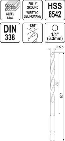 WIERTŁO DO METALU HSS 6542 6,5MM HEX YT-44873 YATO