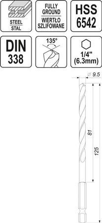 WIERTŁO DO METALU HSS 6542 9,5MM HEX YT-44879 YATO