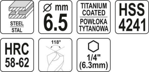 WIERTŁO FREZ DO METALU 6,5MM HSS-TiN HEX YT-44824