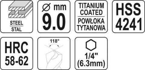 WIERTŁO FREZ DO METALU 9,0MM HSS-TiN HEX YT-44827