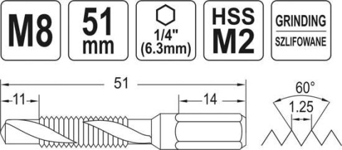 WIERTŁO-GWINTOWNIK M8 HEX YT-44845 YATO