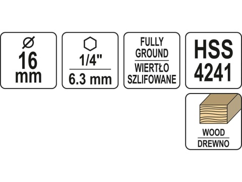 WIERTŁO DO DREWNA SPIRALNE 16MM HEX YT-33870 YATO
