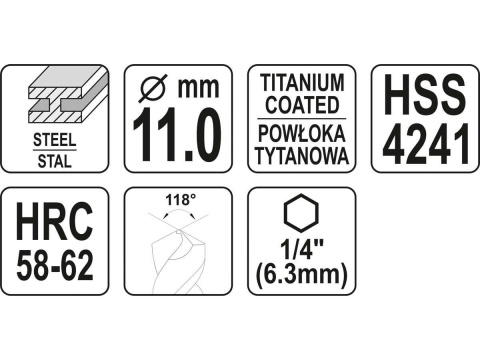 WIERTŁO FRE DO METALU 11,0MM HSS-TiN HEX YT-44829