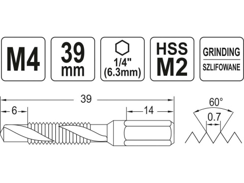 WIERTŁO-GWINTOWNIK M4 HEX YT-44841 YATO WIERTŁO-GWINTOWNIK M4 HEX YT-44841 YATO