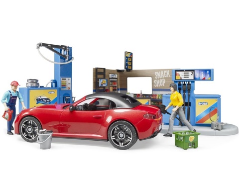 Stacja paliw i czerwone auto Roadstar 62111 Bruder
